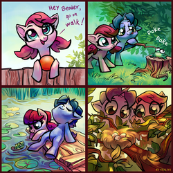 Size: 2650x2650 | Tagged: safe, artist:holivi, oc, oc only, oc:bender watt, oc:holivi, earth pony, fish, frog, pony, unicorn, :3, :p, ball, bird nest, colt, cute, derp, duo, egg, eye contact, female, fence, filly, floppy ears, foal, holiwatt, hoof hold, leaning, looking at each other, looking at something, male, nature, nest, ocbetes, pier, poking, pond, scenery, silly, sitting, smiling, stick, tongue out, tree, tree branch, tree stump, water