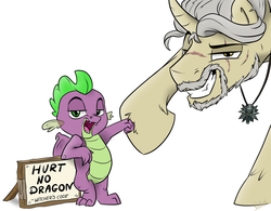 Size: 1024x799 | Tagged: safe, artist:rutkotka, spike, dragon, pony, unicorn, g4, code, comic style, funny, geralt of rivia, hoofbump, male, stallion, the witcher, the writers are immune to the witcher's code, winged spike, wings