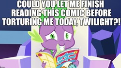 Size: 1280x720 | Tagged: safe, edit, edited screencap, editor:useraccount, screencap, spike, twilight sparkle, all bottled up, g4, abuse, comic, comic book, go to sleep garble, image macro, meme, op is a duck, op is a spike hater, reading, spikeabuse, spikeposting, torture