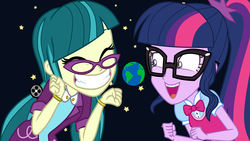 Size: 10000x5634 | Tagged: safe, artist:starlightglimmerluvr, artist:uponia, edit, vector edit, juniper montage, sci-twi, twilight sparkle, equestria girls, g4, absurd resolution, clothes, eyes closed, female, giantess, glasses, macro, open mouth, space, stars, story included, vector