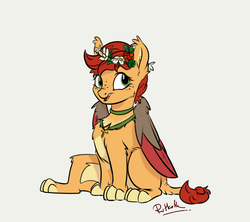 Size: 900x800 | Tagged: safe, artist:rutkotka, big cat, hybrid, lion, sphinx, cute, female, floral head wreath, flower, jewelry, mare, medic, medic shani, necklace, quadrupedal, sitting, the witcher, wings