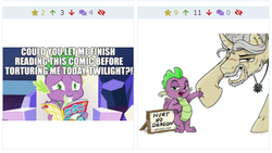 Size: 487x275 | Tagged: safe, artist:rutkotka, edit, edited screencap, editor:useraccount, screencap, spike, twilight sparkle, dragon, pony, unicorn, derpibooru, all bottled up, g4, abuse, code, comic, comic book, comic style, funny, geralt of rivia, hoofbump, image macro, juxtaposition, juxtaposition win, male, meme, meta, reading, spikeabuse, stallion, the witcher, torture, winged spike, wings