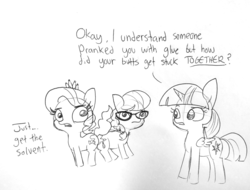 Size: 1820x1381 | Tagged: safe, artist:tjpones, diamond tiara, silver spoon, twilight sparkle, alicorn, earth pony, pony, g4, black and white, bump bump sugar lump rump, butt to butt, butt touch, dialogue, female, filly, glasses, glue, grayscale, jewelry, lineart, mare, monochrome, simple background, stuck together, tiara, traditional art, twilight sparkle (alicorn)