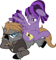 Size: 1231x1312 | Tagged: safe, artist:theeditormlp, oc, oc:prophetic prose, oc:the editor, pegasus, pony, clothes, female, glasses, male, mare, shirt, simple background, sitting on person, stallion, transparent background, unamused, vector, vest