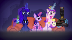 Size: 1824x1026 | Tagged: safe, artist:2snacks, princess cadance, princess luna, twilight sparkle, alicorn, pony, two best sisters play, g4, alcohol, angry video game nerd, beer, controller, couch, female, game genie, genesis, glasses, hand, levitation, magic, magic hands, mare, muna, sega 32x, sega cd, sega genesis, sonic and knuckles, sonic the hedgehog 3, telekinesis, tower of power, twiliam, twilight sparkle (alicorn), wooldance, xband