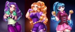 Size: 2286x1000 | Tagged: safe, artist:racoonsan, edit, adagio dazzle, aria blaze, sonata dusk, human, equestria girls, rainbow rocks, adoragio, adorasexy, anime, ariabetes, belt, bracelet, breasts, busty adagio dazzle, busty aria blaze, busty dazzlings, busty sonata dusk, cleavage, clothes, confident, curvy, cute, explicit source, eyeshadow, female, fingerless gloves, food, gem, gloves, hand on hip, hips, hourglass figure, humanized, jeans, jewelry, leggings, licking, licking lips, looking at you, looking down, makeup, moe, nail polish, necklace, pants, pigtails, ponytail, raised eyebrow, sexy, siren gem, skirt, smiling, smug, smugio dazzle, sonatabetes, sonataco, spiked wristband, stupid sexy adagio dazzle, stupid sexy aria blaze, stupid sexy sonata dusk, taco, that girl sure loves tacos, the dazzlings, tongue out, trio, trio female, twintails, wristband