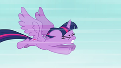 Size: 1280x720 | Tagged: safe, screencap, twilight sparkle, alicorn, pony, g4, princess twilight sparkle (episode), animation error, eyes closed, female, flying, mare, sky, solo, twilight sparkle (alicorn)