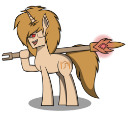 Size: 2340x2137 | Tagged: safe, artist:nguyendeliriam, oc, oc:sand storm, hybrid, pony, unicorn, big mane, hair over one eye, high res, magic staff, one eye closed, sharp teeth, simple background, standing, teeth, white background, wink