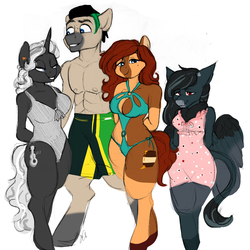 Size: 3561x3560 | Tagged: dead source, safe, artist:shellielle, oc, oc only, oc:aerye, oc:honeypot meadow, oc:pandie, oc:samba volta, earth pony, pegasus, unicorn, anthro, unguligrade anthro, abs, anthro oc, arm behind back, breasts, clothes, colored sketch, commission, female, gift art, high res, leonine tail, lidded eyes, male, mare, one-piece swimsuit, simple background, smiling, stallion, swimming trunks, swimsuit