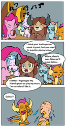 Size: 2506x4821 | Tagged: safe, artist:helsaabi, gallus, ocellus, pinkie pie, sandbar, silverstream, smolder, yona, changedling, changeling, classical hippogriff, dragon, earth pony, griffon, hippogriff, pony, yak, g4, yakity-sax, bow, cloven hooves, dragoness, feather, female, gray background, hair bow, jewelry, male, mare, monkey swings, music notes, necklace, nudity, simple background, smiling, student six, teenager, yovidaphone