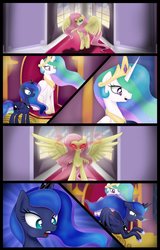 Size: 1024x1600 | Tagged: safe, artist:bonsia-lucky, fluttershy, princess celestia, princess luna, pony, comic:on your own, g4, age regression, comic, evil fluttershy, royal sisters
