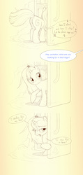 Size: 1198x2512 | Tagged: safe, artist:sherwoodwhisper, oc, oc only, oc:eri, mouse, pony, unicorn, comic, dialogue, female, filly, frozen (movie), let it go, monochrome, refrigerator, solo, song reference