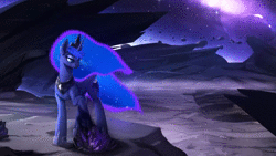 Size: 1280x720 | Tagged: safe, artist:rodrigues404, princess luna, alicorn, pony, g4, animated, asteroids, cinemagraph, crystal, dark magic, female, loop, magic, mare, moon, no sound, perfect loop, raised hoof, scenery, solo, space, webm