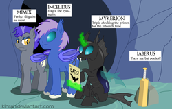 Size: 1421x901 | Tagged: safe, artist:kinrah, oc, oc:iaberus, oc:incelidus, oc:mimix, oc:mykerion, bat pony, changeling, atg 2018, changeling oc, cricket bat, fail, female, male, newbie artist training grounds, text