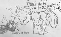 Size: 4032x2449 | Tagged: safe, artist:darkest-lunar-flower, tempest shadow, oc, oc:anon, g4, abusive pony, angry, anonabuse, boots, broken horn, clothes, electrocution, horn, shirt, shoes, sizzling, tempest shadow is not amused, traditional art, yelling