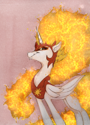 Size: 1239x1708 | Tagged: safe, artist:ponycide, daybreaker, alicorn, pony, g4, armor, fangs, female, fire, looking at you, mare, solo