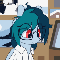 Size: 720x720 | Tagged: safe, artist:shinodage, oc, oc only, oc:delta vee, pegasus, pony, adorkable, animated, blinking, clothes, cute, diaveetes, dork, eyes closed, female, floppy ears, frown, gif, glasses, grin, looking down, mare, meganekko, messy mane, ocbetes, shirt, smiling, solo, squee, when she smiles, wing fluff, younger