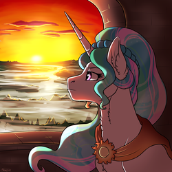 Size: 2000x2000 | Tagged: safe, artist:shimazun, princess celestia, alicorn, pony, g4, alternate hairstyle, alternate universe, female, high res, mare, middle ages, middle ages au, solo, window