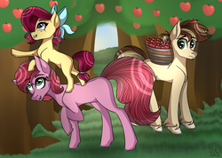 Size: 1024x731 | Tagged: safe, artist:misskitkat2002, oc, oc only, oc:apple patch, oc:daisy, oc:wildflower, earth pony, pony, apple, apple tree, basket, bow, female, food, male, mare, offspring, parent:applejack, parent:big macintosh, parent:caramel, parent:cheerilee, parents:carajack, parents:cheerimac, stallion, tree