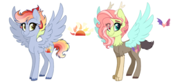 Size: 2440x1158 | Tagged: safe, artist:spectrumnightyt, oc, oc only, oc:spring heart, oc:sunset swirls, hybrid, pegasus, pony, female, interspecies offspring, mare, offspring, parent:discord, parent:princess celestia, parent:rainbow dash, parent:soarin', parents:dislestia, parents:soarindash, simple background, spread wings, transparent background, wings