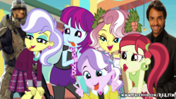 Size: 1920x1080 | Tagged: safe, edit, edited screencap, screencap, diamond tiara, mystery mint, rose heart, upper crust, vignette valencia, equestria girls, equestria girls specials, g4, my little pony equestria girls: better together, my little pony equestria girls: rollercoaster of friendship, 1000 years in photoshop, clothes, crossover, crystal prep academy uniform, eugenio derbez, halo (series), master chief, microsoft, not salmon, peace sign, school uniform, silly face, tongue out, wat, xbox