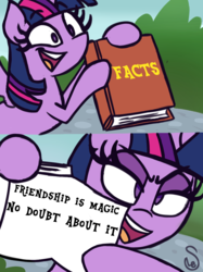 Size: 760x1015 | Tagged: safe, artist:quarium edits, twilight sparkle, alicorn, pony, g4, bipedal, book, ed edd n eddy, exploitable meme, female, mare, meme, op is right, spread wings, title drop, twilight sparkle (alicorn), twilight's fact book, wings