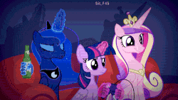 Size: 500x281 | Tagged: safe, artist:2snacks, princess cadance, princess luna, twilight sparkle, alicorn, pony, two best sisters play, g4, animated, bottle, controller, female, gamecube controller, liam (tbfp), liam sparkle, matt (tbfp), muna, twilight sparkle (alicorn), two best friends play, wooldance, woolie (tbfp)