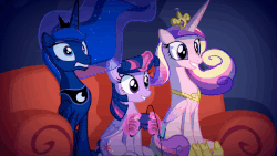 Size: 710x400 | Tagged: safe, artist:2snacks, princess cadance, princess luna, queen chrysalis, twilight sparkle, alicorn, pony, two best sisters play, g4, animated, bloodshot eyes, controller, couch, crown, eyelashes, fake cadance, fake luna, fake twilight, female, gamecube controller, glowing horn, hand, horn, jewelry, leaning back, liam (tbfp), liam sparkle, lips, magic, magic hands, male to female, mare, matt (tbfp), muna, necklace, possessed, regalia, rule 63, shaking, shrunken pupils, teeth, telekinesis, twilight sparkle (alicorn), two best friends play, wooldance, woolie (tbfp)