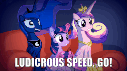 Size: 710x400 | Tagged: safe, artist:2snacks, edit, princess cadance, princess luna, queen chrysalis, twilight sparkle, alicorn, pony, two best sisters play, g4, animated, bloodshot eyes, caption, couch, crown, female, flapping cheeks, flowing mane, gif, gif with captions, jewelry, ludicrous speed, mare, regalia, spaceballs the tag, text, trio, twilight sparkle (alicorn)