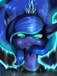 Size: 1480x1973 | Tagged: safe, artist:suirano, princess luna, alicorn, anthro, g4, angry, female, glowing eyes, glowing horn, horn, solo