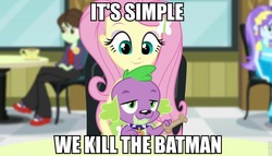 Size: 960x550 | Tagged: safe, edit, edited screencap, screencap, fluttershy, sophisticata, spike, dog, equestria girls, g4, my little pony equestria girls: rainbow rocks, batman, caption, comments more entertaining, dog treat, hoomans, spike the dog, the dark knight, the joker, we kill the batman