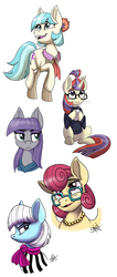 Size: 800x1886 | Tagged: safe, artist:celestial-rainstorm, coco pommel, maud pie, moondancer, photo finish, posey shy, earth pony, pony, unicorn, g4, female, glasses, mare, simple background, white background