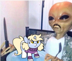 Size: 540x462 | Tagged: safe, artist:nootaz, edit, oc, oc:nootaz, alien, pony, unicorn, ayy lmao, clothes, cute, facial hair, female, filly, floppy ears, fork, freckles, knife, looking up, moustache, pigtails, smiling, sweater, wat