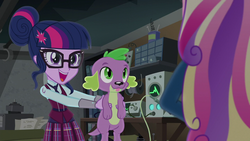 Size: 1280x720 | Tagged: safe, edit, edited screencap, editor:slayerbvc, screencap, dean cadance, princess cadance, sci-twi, spike, spike the regular dog, twilight sparkle, dog, equestria girls, g4, my little pony equestria girls: friendship games, :p, accessory-less edit, female, holding, holding a dog, missing accessory, silly, tongue out