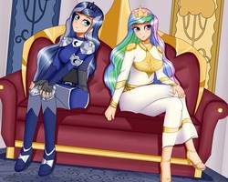Size: 2225x1781 | Tagged: safe, alternate version, artist:focusb, princess celestia, princess luna, human, g4, clothes, couch, crossed legs, crown, dress, feet, female, humanized, jewelry, regalia, royal sisters, sandals, sitting, smiling