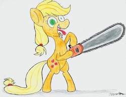 Size: 2500x1931 | Tagged: safe, artist:algernon97, applejack, earth pony, pony, g4, atg 2018, bipedal, chainsaw, female, foaming at the mouth, newbie artist training grounds, simple background, solo, traditional art, white background