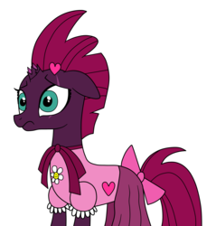 Size: 1843x1924 | Tagged: safe, artist:eagc7, fizzlepop berrytwist, tempest shadow, pony, unicorn, g4, my little pony: the movie, bow, broken horn, clothes, dress, embarrassed, eye scar, female, floppy ears, flower, frown, heart, horn, horrified, mare, pretty pretty tempest, puffy sleeves, sad, scar, scar on the wrong side, simple background, skirt, solo, tomboy taming, transparent background