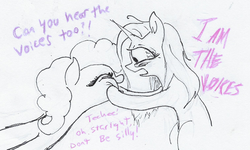 Size: 766x461 | Tagged: safe, artist:t72b, derpibooru exclusive, pinkie pie, starlight glimmer, g4, dishevelled, grabbing, hoof hold, insanity, newbie artist training grounds, nose to nose, snaplight glimmer, text, traditional art