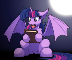 Size: 1920x1600 | Tagged: safe, artist:ohemo, twilight sparkle, alicorn, bat pony, bat pony alicorn, pony, g4, bat wings, book, dark, fangs, female, horn, moon, night, open mouth, race swap, solo, spread wings, tongue out, twibat, twilight sparkle (alicorn), wings