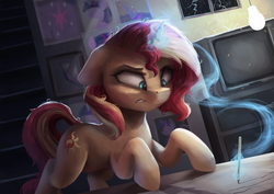 Size: 3600x2550 | Tagged: safe, artist:vanillaghosties, sunset shimmer, pony, unicorn, g4, atg 2018, female, glowing horn, high res, horn, magic, mare, newbie artist training grounds, solo, writing
