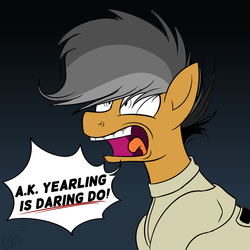 Size: 2000x2000 | Tagged: safe, artist:binkyt11, derpibooru exclusive, quibble pants, earth pony, pony, g4, atg 2018, bondage, description is relevant, high res, implied daring do, insanity, male, newbie artist training grounds, solo, speech, speech bubble, stallion, straitjacket, yelling