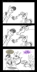 Size: 3500x6800 | Tagged: safe, artist:turkleson, capper dapperpaws, discord, twilight sparkle, abyssinian, alicorn, draconequus, pony, anthro, g4, my little pony: the movie, anthro with ponies, black and white, cappercord, capperlight, comic, female, flower, gay, gay in front of girls, grayscale, male, monochrome, protecting, rose, ship:discolight, shipping, straight, twilight sparkle (alicorn), twilight sparkle gets all the stallions