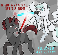 Size: 2279x2153 | Tagged: safe, artist:redpalette, pegasus, pony, unicorn, all women are queens, crossover, high res, if she breathes she's a thot, lightsaber, meme, star wars, thot, weapon