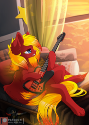Size: 849x1200 | Tagged: safe, artist:arctic-fox, oc, oc only, oc:himitsu chan, hybrid, pegasus, pony, bass guitar, bed, bedroom, female, morning ponies, musical instrument, patreon, patreon logo, paws, pillow, solo, sunrise