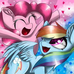 Size: 900x900 | Tagged: safe, artist:marilocoloco, pinkie pie, rainbow dash, earth pony, pegasus, pony, g4, duo, eyes closed, female, mare, open mouth, smiling