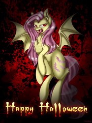 Size: 1529x2048 | Tagged: safe, artist:marilocoloco, fluttershy, bat pony, pony, g4, female, flutterbat, happy halloween, looking at you, mare, race swap, solo, tongue out