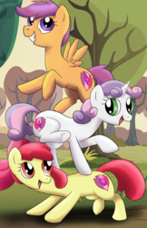 Size: 1012x1564 | Tagged: safe, artist:wolftendragon, apple bloom, scootaloo, sweetie belle, earth pony, pegasus, pony, unicorn, g4, cutie mark crusaders, female, filly, pony pile, scenery, tower of pony, tree, trio