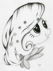 Size: 1948x2634 | Tagged: safe, artist:ayzuki, fluttershy, pony, g4, bust, clothes, colored, dress, female, flower, flower in hair, gala dress, grayscale, monochrome, portrait, profile, solo, traditional art