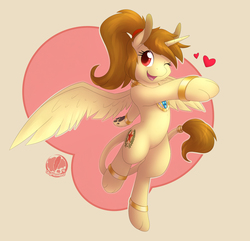 Size: 854x822 | Tagged: safe, artist:skyheavens, oc, oc only, oc:katya ironstead, alicorn, genie, pony, sphinx, alicorn oc, bipedal, commission, cute, dancing, female, heart, jewelry, necklace, one eye closed, paw pads, paws, shantae, simple background, solo, species swap, sphinx oc, sphinxified, underpaw, wink