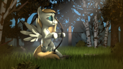 Size: 1024x576 | Tagged: safe, artist:okimichan, oc, oc only, oc:cupid feather, pegasus, pony, 3d, archery, arrow, bow (weapon), bow and arrow, dexterous hooves, female, forest, mare, solo, tree, weapon